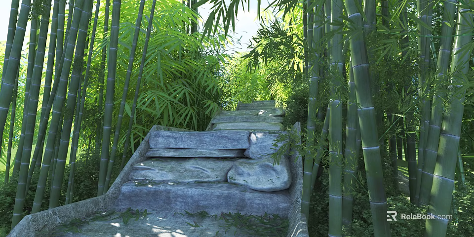 Tranquil Bamboo Grove Scenery with Winding Stone Steps and Lush Green Foliage 3d model 