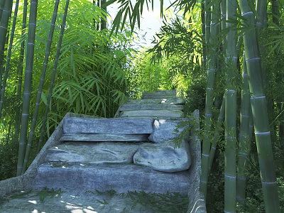 Tranquil Bamboo Grove Scenery with Winding Stone Steps and Lush Green Foliage 3d model