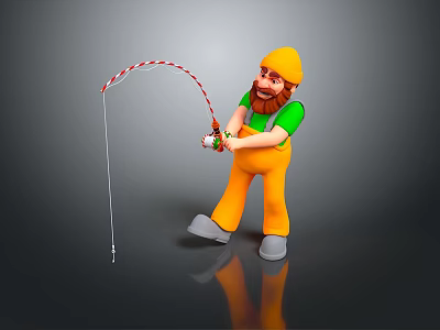 Cartoon Man Wearing Yellow Hat Green Shirt And Orange Pants Holding Red White Fishing Rod 3d model