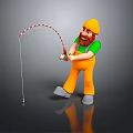 Cartoon Man Wearing Yellow Hat Green Shirt And Orange Pants Holding Red White Fishing Rod