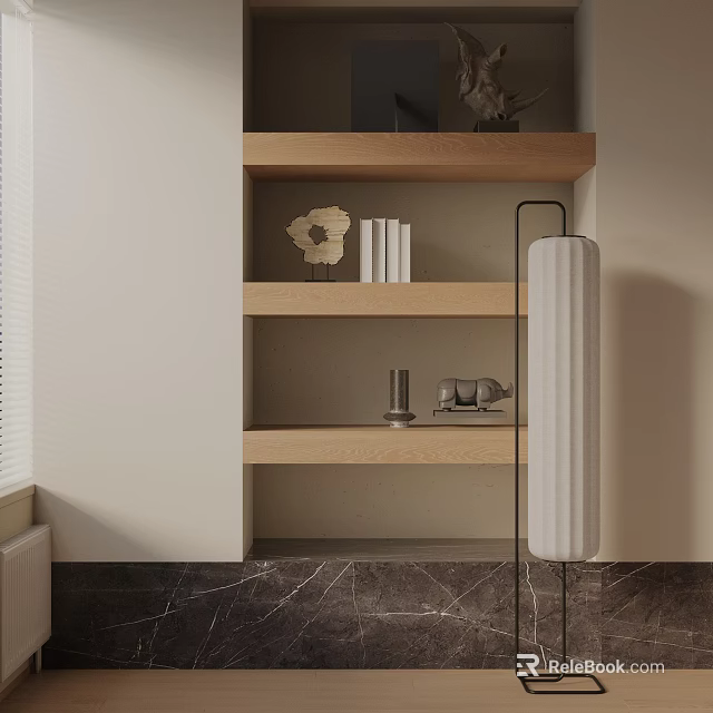 Stylish Floor Lamp In Home Interior With Wooden Shelves Decorative Items And Marble Floor 3d model 