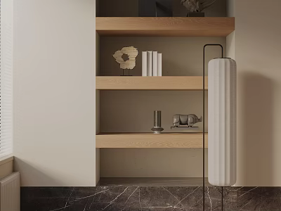 Stylish Floor Lamp In Home Interior With Wooden Shelves Decorative Items And Marble Floor 3d model