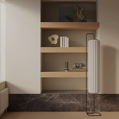 Stylish Floor Lamp In Home Interior With Wooden Shelves Decorative Items And Marble Floor 3d model