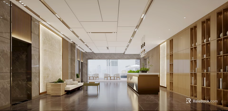 Modern Lobby Interior With Sofa Reception Desk And City View 3d model 