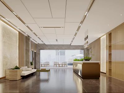 Modern Lobby Interior With Sofa Reception Desk And City View 3d model