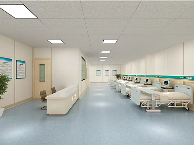 Spacious Medical Ward Interior Featuring Patient Beds Medical Equipment And Wall Charts 3d model