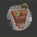 Miniature Cartoon Town Scene with Red Roof Buildings Street Lamps and Bus