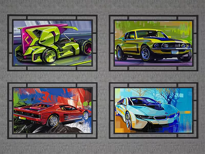 Colorful Modern Car Artwork Collection Featuring Four Stylish Different Models 3d model