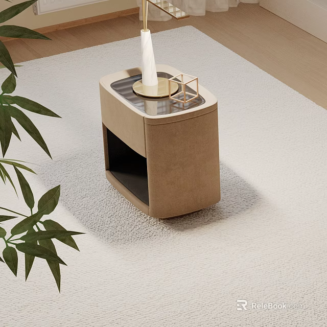 Modern Beige Bedside Table with Tissue Box Decorative Box and Green Plant 3d model