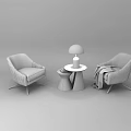 Leisure Sofa Set Two Light Gray Striped Armchairs Black Round Side Table Lamp Gray Blanket 3d model