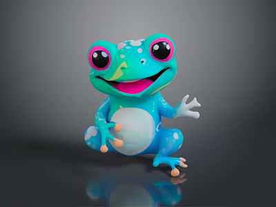 Cute Cartoon Reptile With Blue Green Skin Pink Eyes Smiling And Waving On Dark Background 3d model