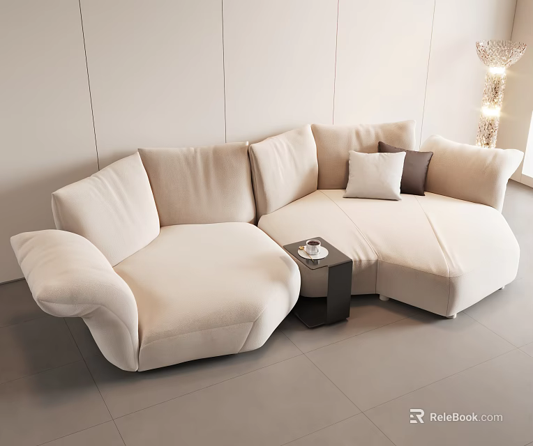 Modern Cream Sectional Sofa with Soft Fabric Cushions and Side Table in Living Room Interior 3d model 