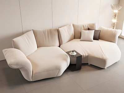 Modern Cream Sectional Sofa with Soft Fabric Cushions and Side Table in Living Room Interior 3d model