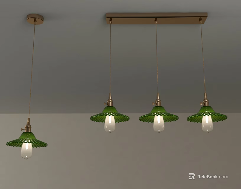 Ceiling Mounted Green Shade Pendant Lights With Transparent Bulbs Single And Triple Design 3d model 