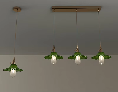 Ceiling Mounted Green Shade Pendant Lights With Transparent Bulbs Single And Triple Design 3d model