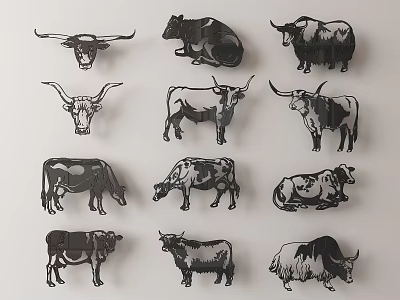 Animal Themed Wall Decor With Cow Silhouettes And Black White Design 3d model