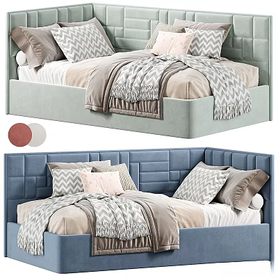 Kids Bed With Upholstered Headboard Soft Pillows And Cozy Blankets In Pastel Colors 3d model