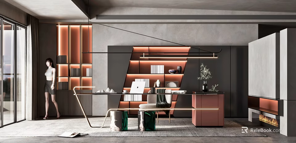 Modern Office Interior Design With Wooden Desk Bookshelf And Green Plants Lighting 3d model 