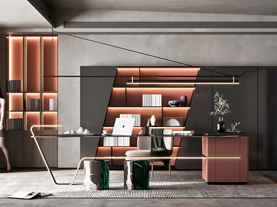 Modern Office Interior Design With Wooden Desk Bookshelf And Green Plants Lighting 3d model
