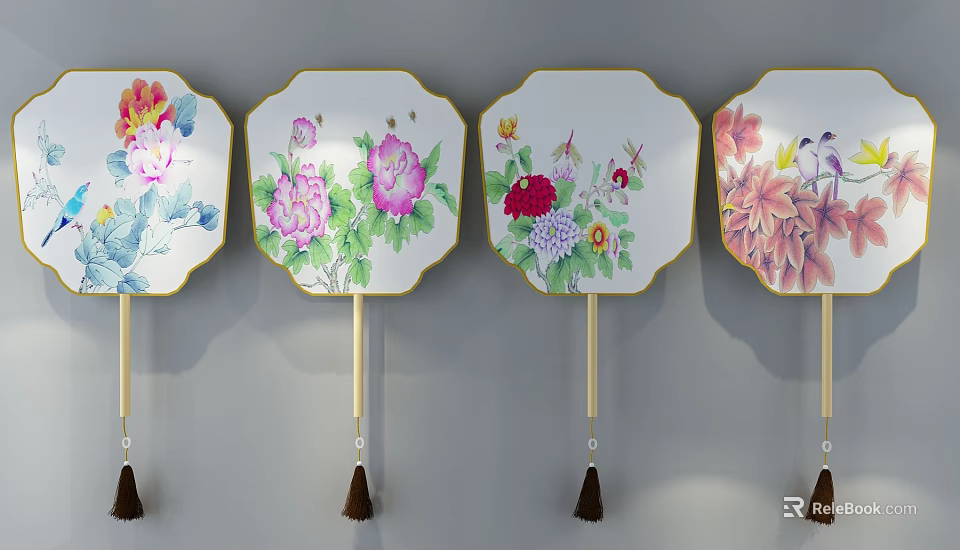 Decorative Fan Shaped Wall Hangings With Floral Bird Patterns And Tassel Accents 3d model 