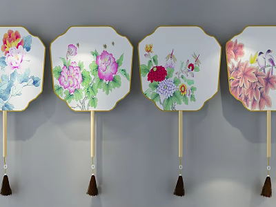 Decorative Fan Shaped Wall Hangings With Floral Bird Patterns And Tassel Accents 3d model