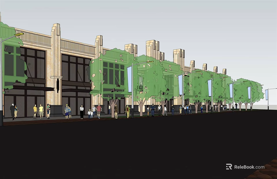 Modern Commercial Street With Tree Lined Walkways Shop Fronts And Pedestrian Activity 3d model 