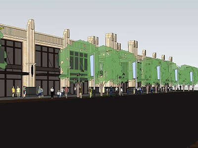 Modern Commercial Street With Tree Lined Walkways Shop Fronts And Pedestrian Activity 3d model