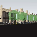 Modern Commercial Street With Tree Lined Walkways Shop Fronts And Pedestrian Activity