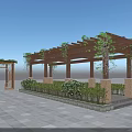 Scenic Park Landscape Featuring Wooden Pergola Climbing Vines Green Bushes Arched Gateway And Stone Pavement