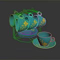 Turquoise Teacups And Saucers With Yellow Flower Patterns On Metal Rack