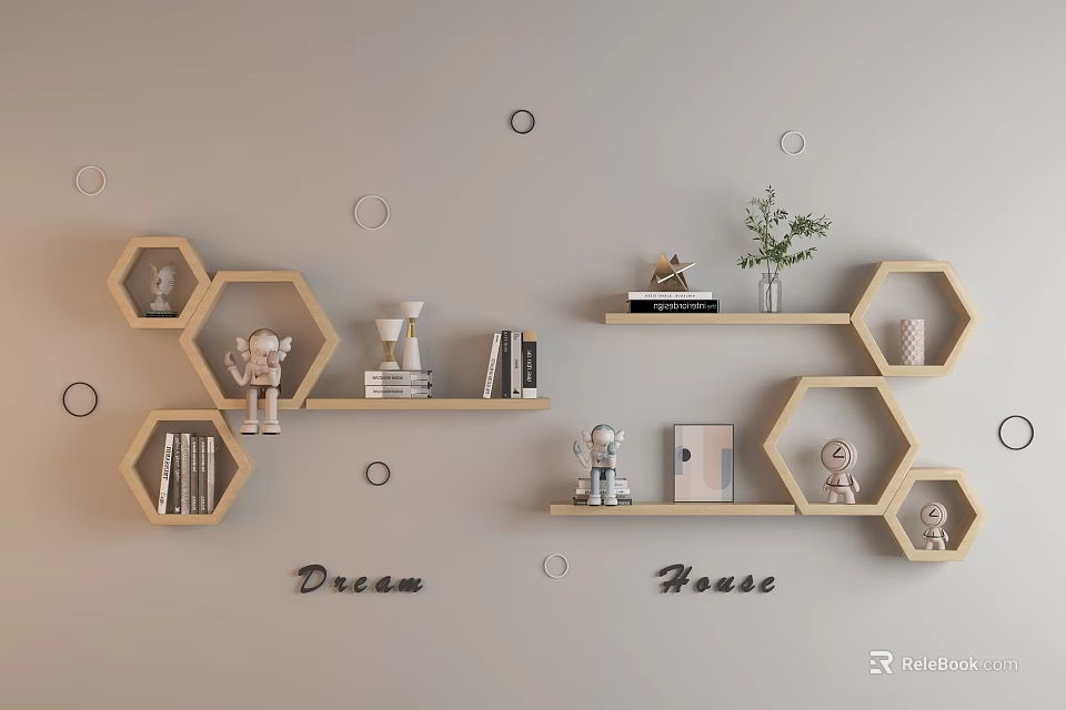 Modern Wall Decor with Hexagonal Wooden Shelves Books Plant and Circular Decorations 3d model 