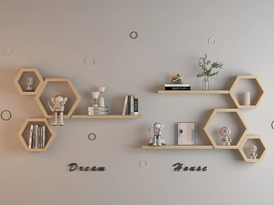 Modern Wall Decor with Hexagonal Wooden Shelves Books Plant and Circular Decorations 3d model