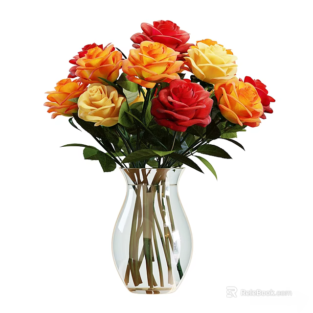 Beautiful Multicolored Roses Arrangement In Transparent Glass Vase With Green Leaves 3d model 