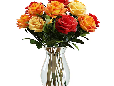 Beautiful Multicolored Roses Arrangement In Transparent Glass Vase With Green Leaves 3d model