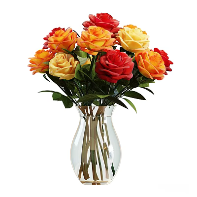 Beautiful Multicolored Roses Arrangement In Transparent Glass Vase With Green Leaves 3d model