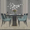Elegant Dining Table Set With Teal Chairs Pink Flowers And Decorative Wall Art