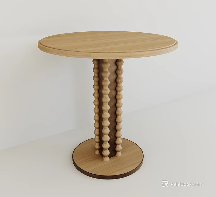 Natural Wooden Round Table Design With Decorative Bead Column Base 3d model