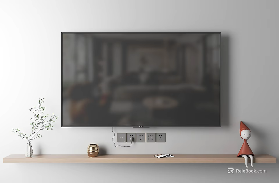 Wall Mounted Television on Wall with Wooden Shelf Plant Decorative Item Book and Small Red Doll 3d model 