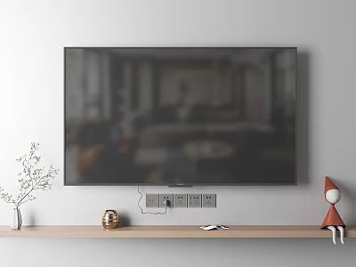 Wall Mounted Television on Wall with Wooden Shelf Plant Decorative Item Book and Small Red Doll 3d model