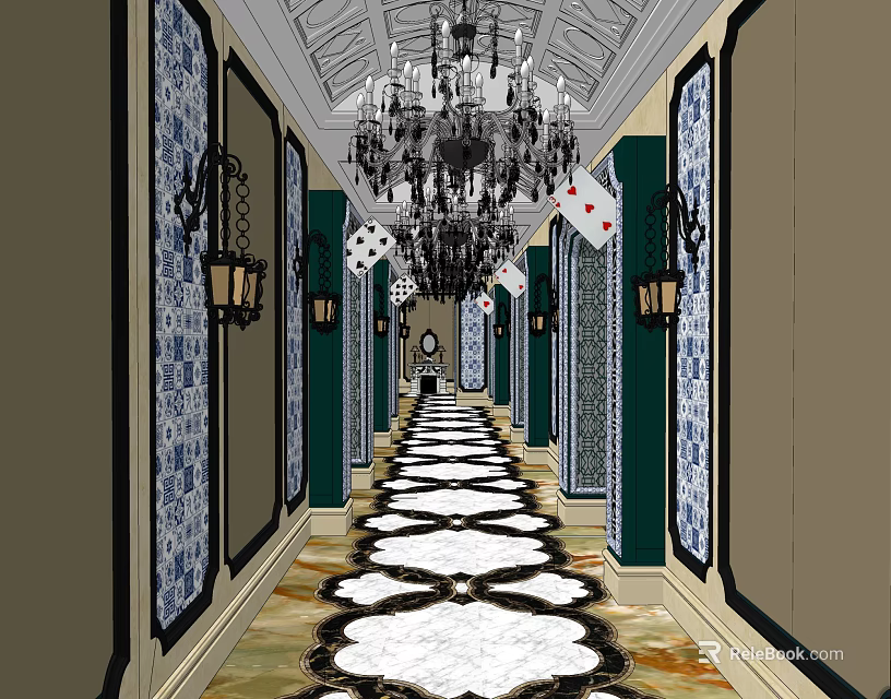 Elegant Elevator Hallway Design With Chandelier Decorative Walls And Patterned Carpet 3d model 