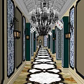 Elegant Elevator Hallway Design With Chandelier Decorative Walls And Patterned Carpet 3d model