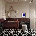 Modern Bathroom Interior With Round Mirror Wall Sconces And Marble Vanity
