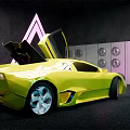 Yellow Sports Car With Scissor Doors Open In Modern Neon Light Setting