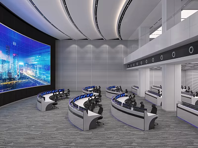 Modern Monitoring Room Interior With Large Digital Display And Multiple Control Workstations 3d model