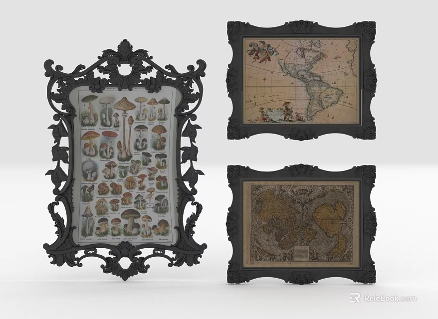 Vintage Decorative Framed Artworks With Mushroom Patterns World Maps And Black Frames 3d model 