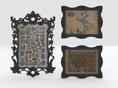 Vintage Decorative Framed Artworks With Mushroom Patterns World Maps And Black Frames 3d model