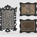 Vintage Decorative Framed Artworks With Mushroom Patterns World Maps And Black Frames 3d model