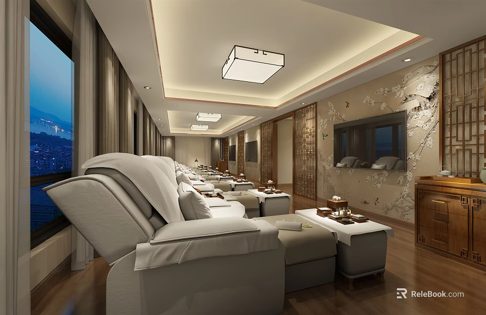 SPA Sauna Interior Design With Comfortable Recliner Chairs Wooden Floors And TV Screens 3d model 