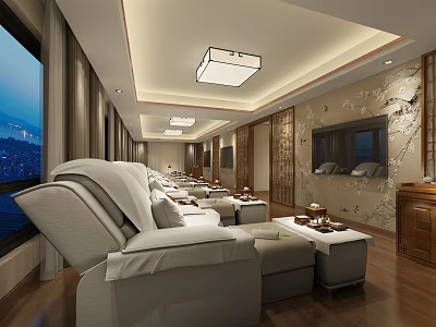 SPA Sauna Interior Design With Comfortable Recliner Chairs Wooden Floors And TV Screens 3d model
