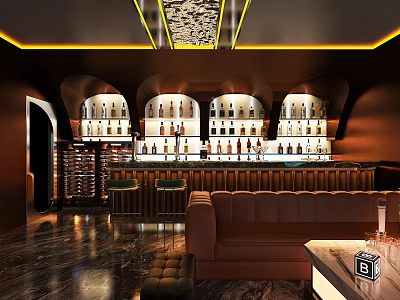 Modern Bar Interior Design With Stylish Counter Wine Bottle Racks And Ambient Lighting 3d model